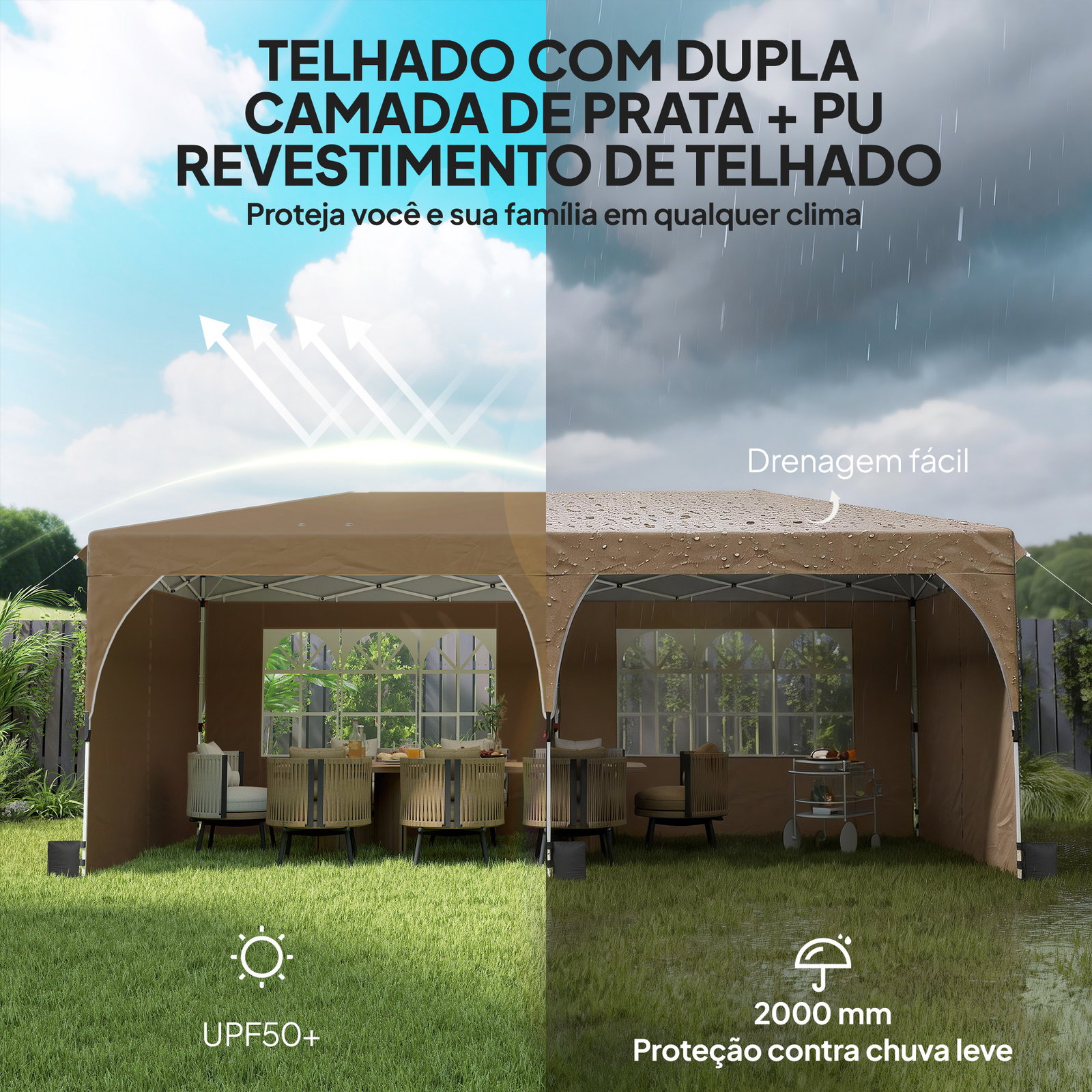 Tenda dobrável 6x3 m pop-up com 4 laterais amovíveis tenda de jardim com faixas refletoras altura ajustável upf50+ bege