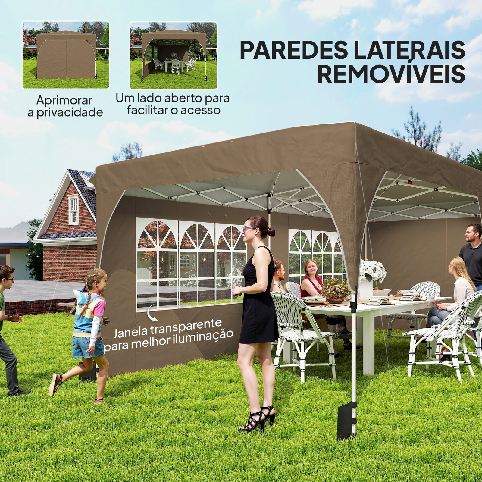 Tenda dobrável 6x3 m pop-up com 4 laterais amovíveis tenda de jardim com faixas refletoras altura ajustável upf50+ bege
