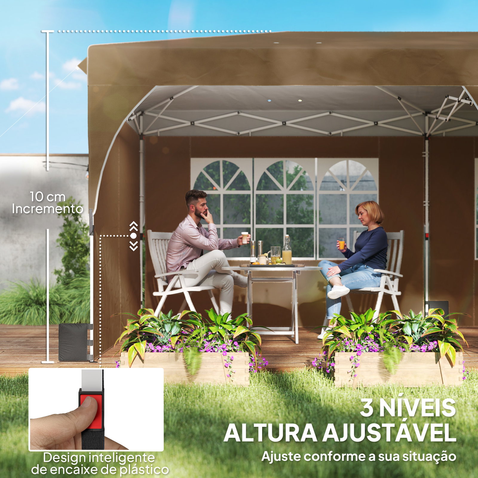 Tenda dobrável 6x3 m pop-up com 4 laterais amovíveis tenda de jardim com faixas refletoras altura ajustável upf50+ bege