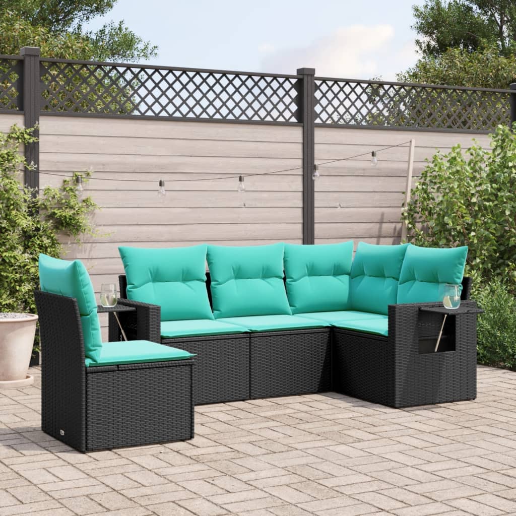 Conjunto de sofá de jardim de 5 peças com almofadas em rattan sintético preto