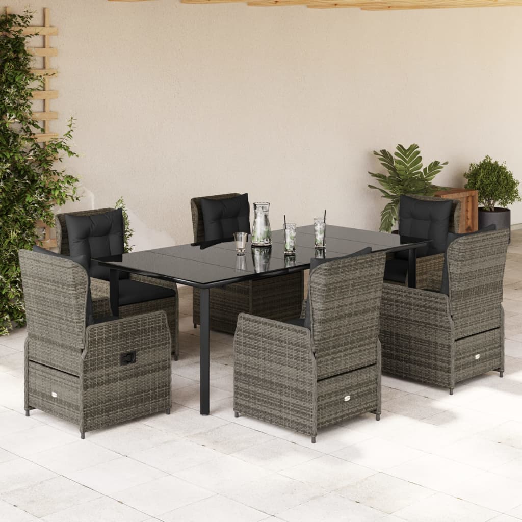 7 Pcs conjunto de jantar p/ jardim c/ almofadões vime PE cinza