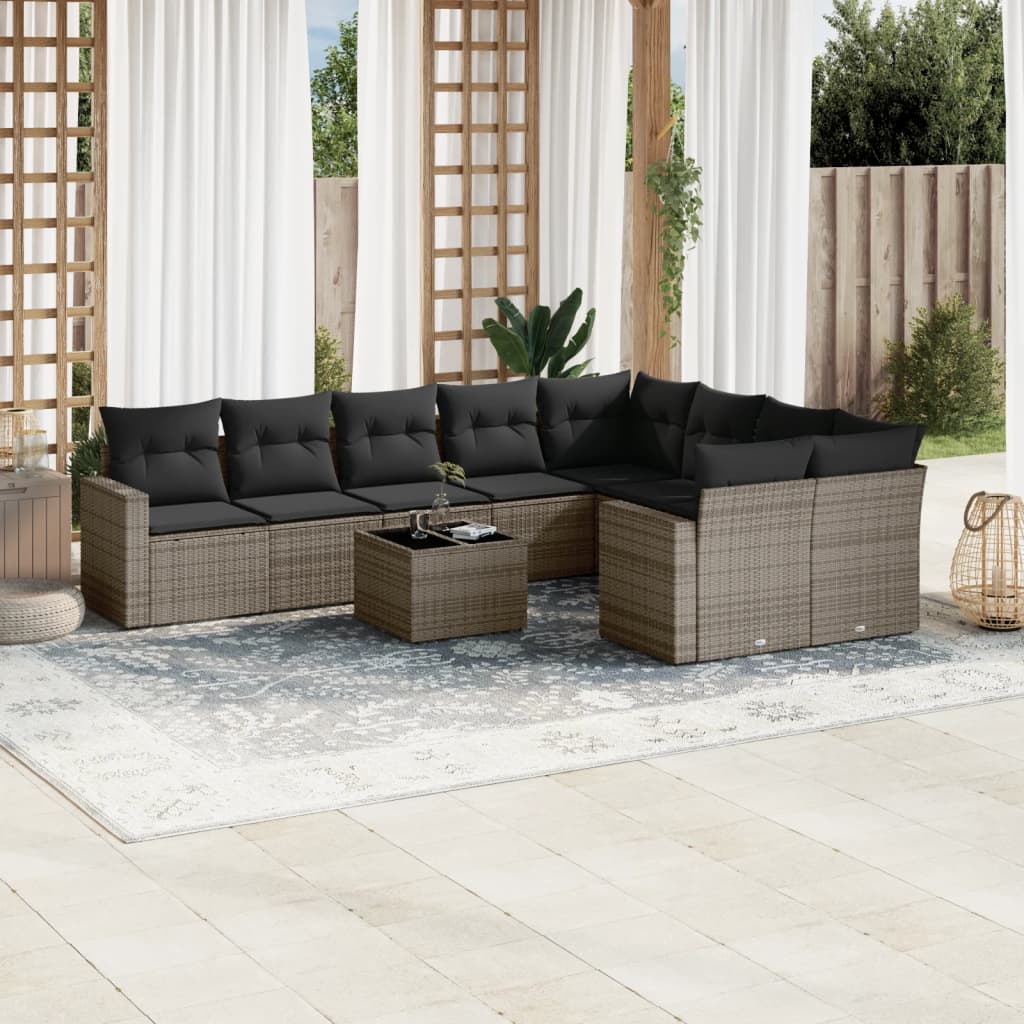 10 Pcs conjunto sofás de jardim c/ almofadões vime PE cinzento