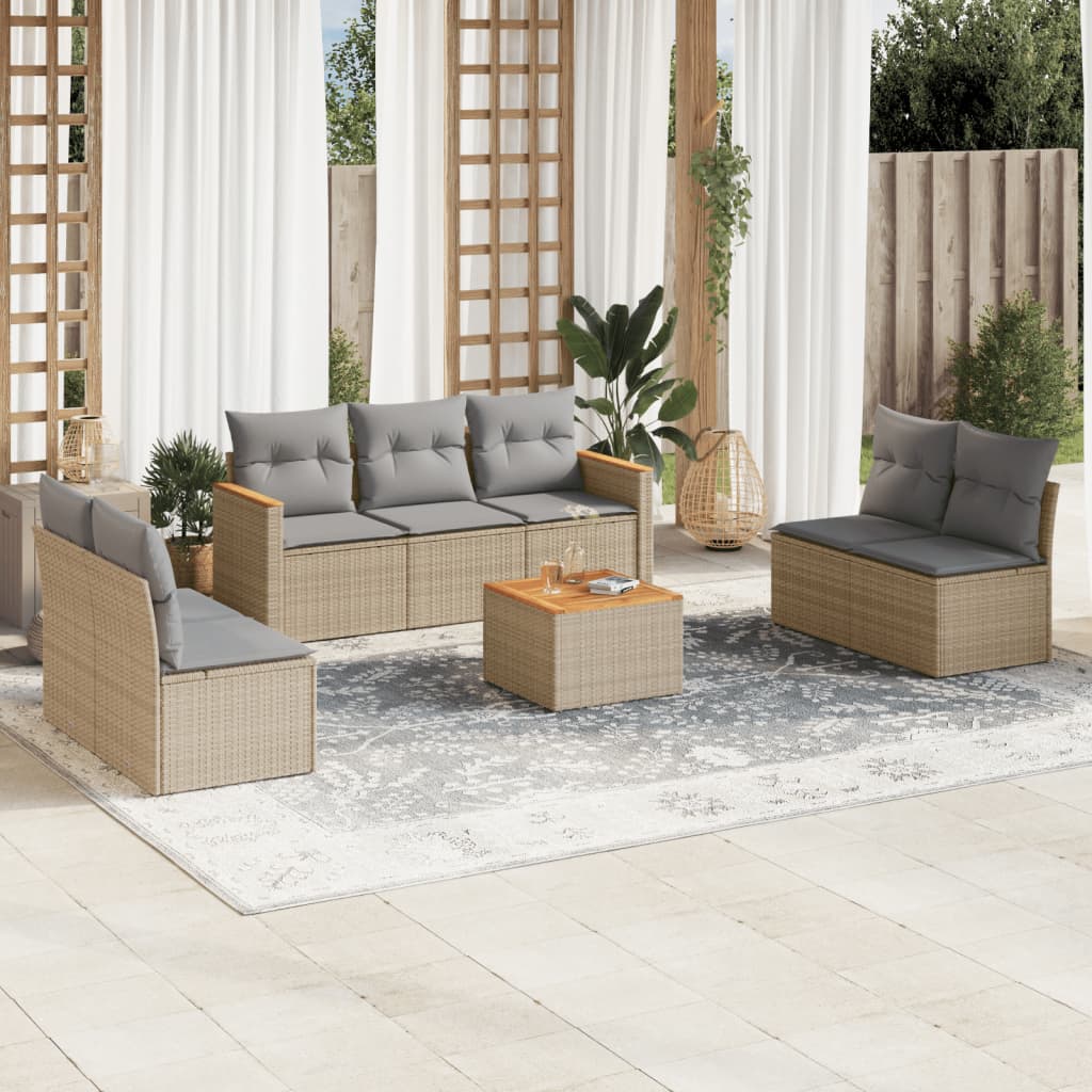 8 Pcs conj. sofás jardim c/ almofadões vime PE bege misturado