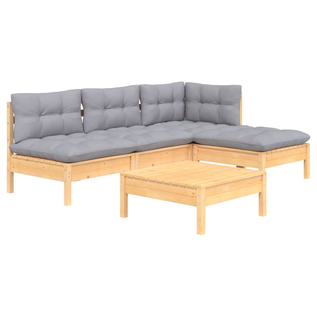 5 Pcs conjunto lounge de jardim c/ almofadões cinzentos pinho