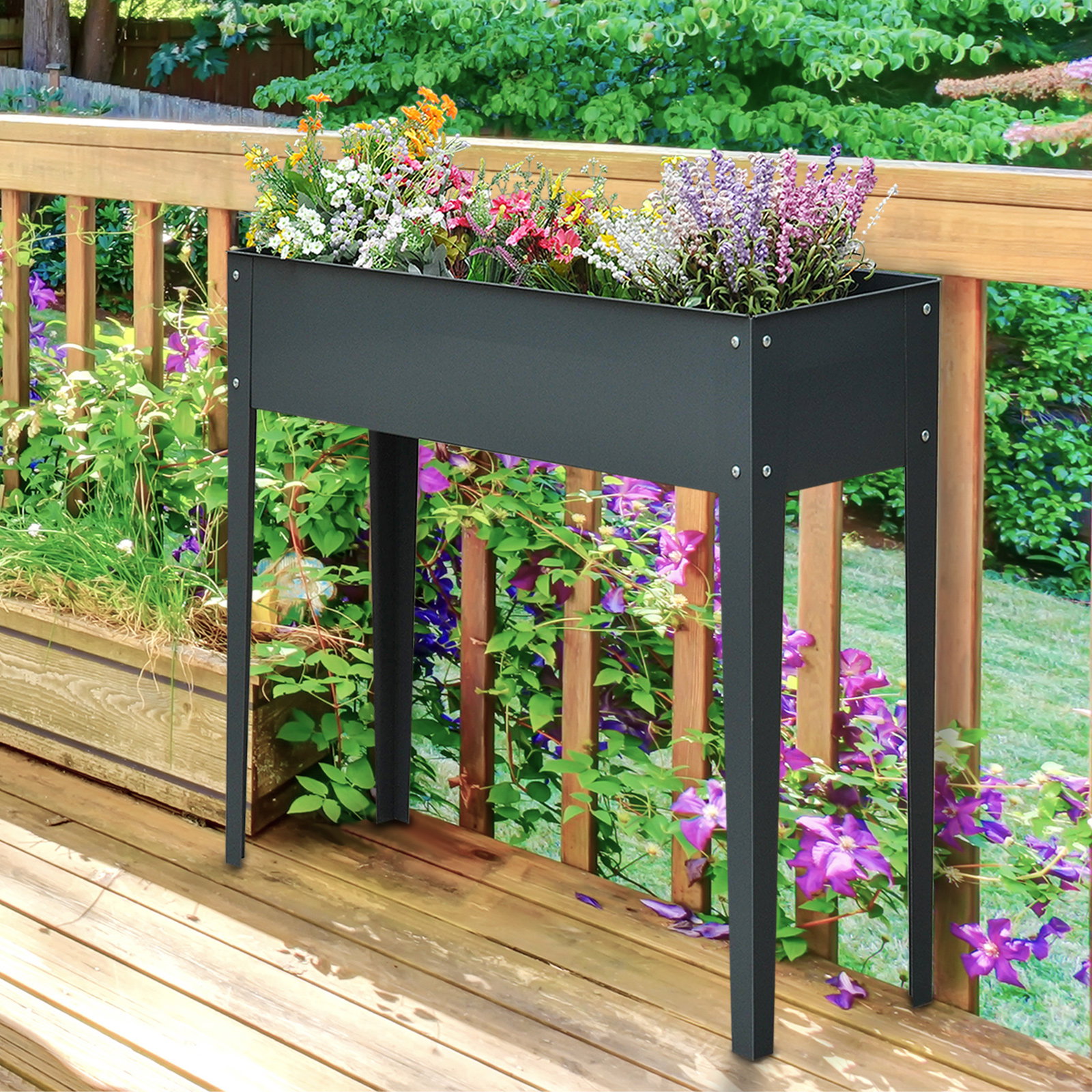 Floreira elevada mesa para cultivo retangular para plantas verduras e flores com 3 orifícios de drenagem 100x30x80cm cinza