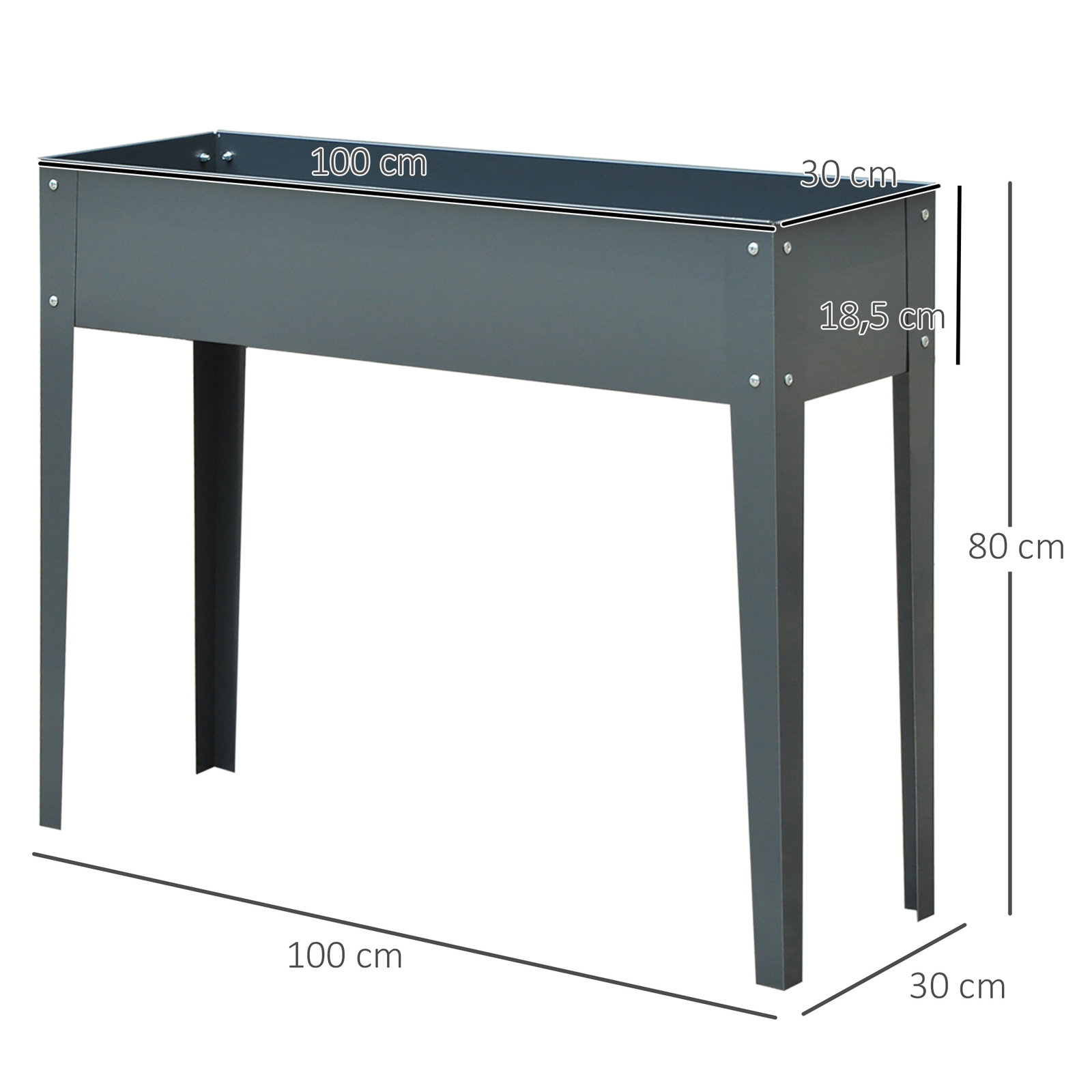 Floreira elevada mesa para cultivo retangular para plantas verduras e flores com 3 orifícios de drenagem 100x30x80cm cinza