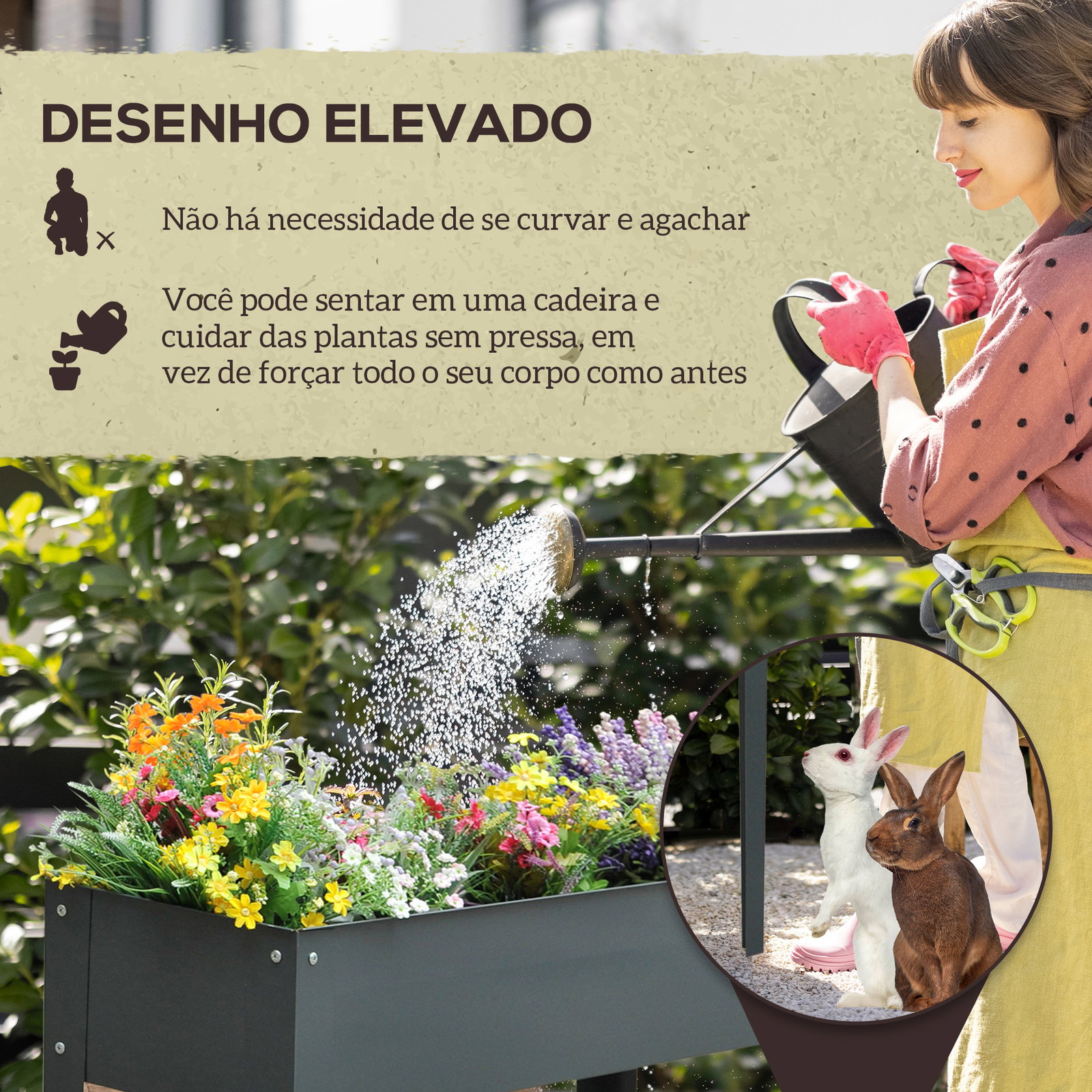Floreira elevada mesa para cultivo retangular para plantas verduras e flores com 3 orifícios de drenagem 100x30x80cm cinza