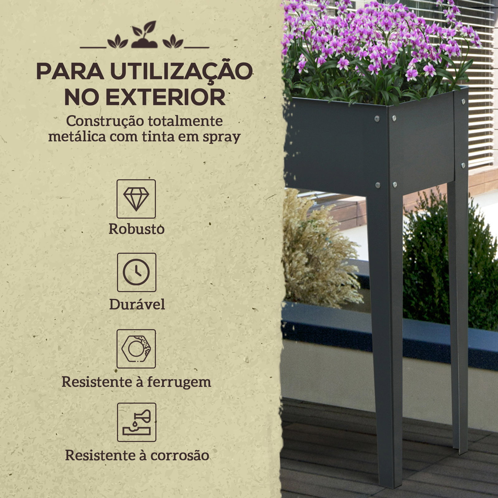 Floreira elevada mesa para cultivo retangular para plantas verduras e flores com 3 orifícios de drenagem 100x30x80cm cinza