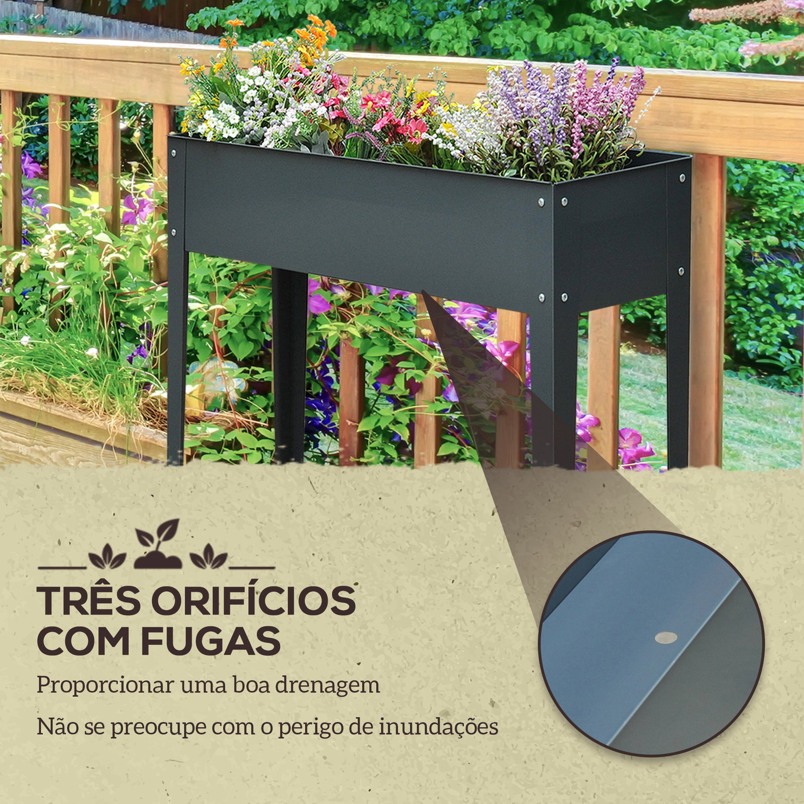 Floreira elevada mesa para cultivo retangular para plantas verduras e flores com 3 orifícios de drenagem 100x30x80cm cinza