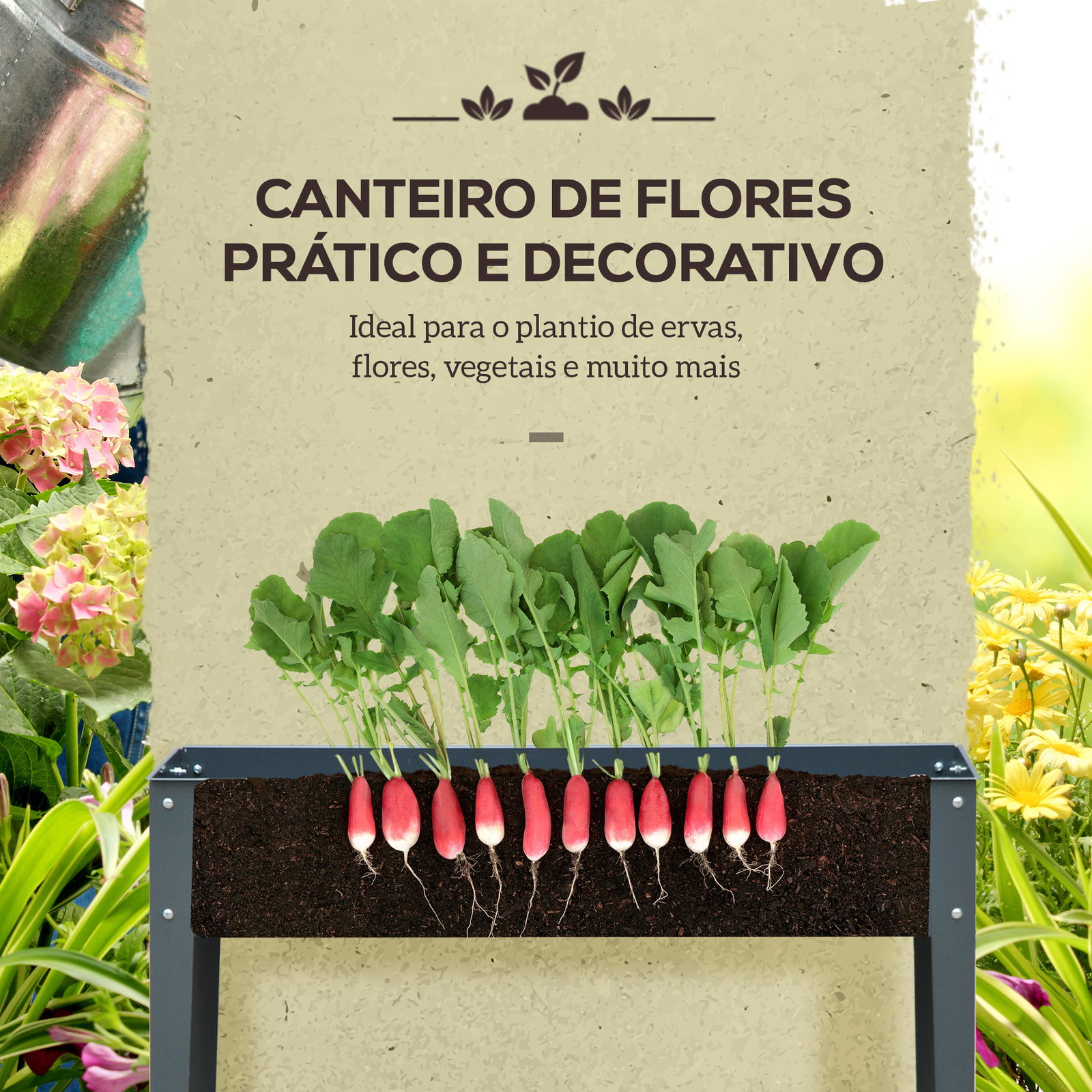 Floreira elevada mesa para cultivo retangular para plantas verduras e flores com 3 orifícios de drenagem 100x30x80cm cinza