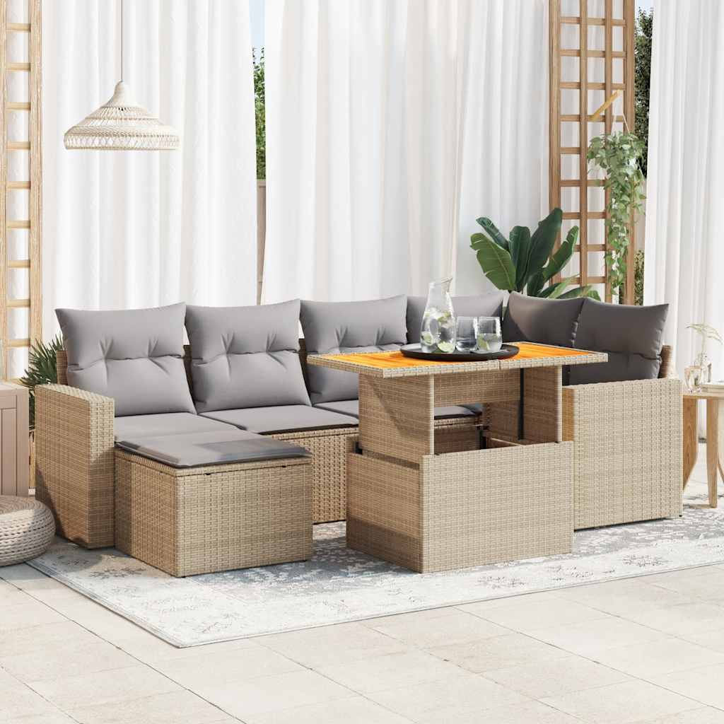 7 Pcs conjunto de sofás p/ jardim com almofadões vime PE bege