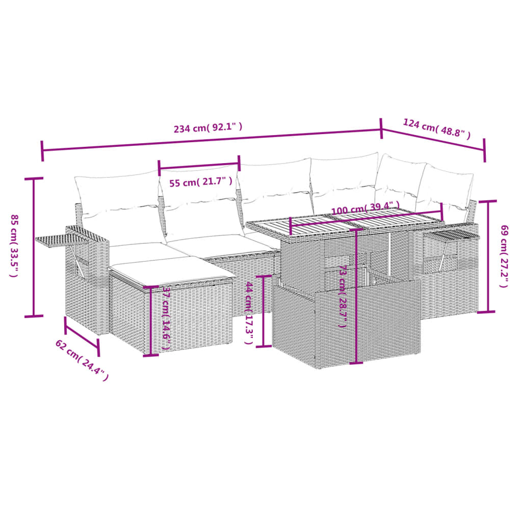 7 Pcs conjunto de sofás p/ jardim com almofadões vime PE bege