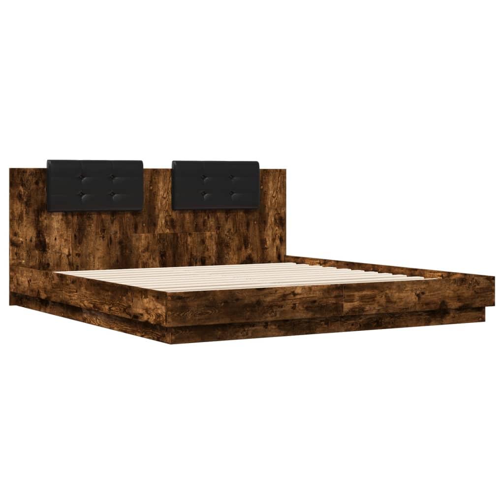 Estrutura cama c/ cabeceira/luzes LED 200x200cm carvalho fumado