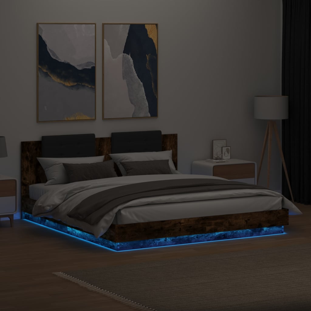 Estrutura cama c/ cabeceira/luzes LED 200x200cm carvalho fumado