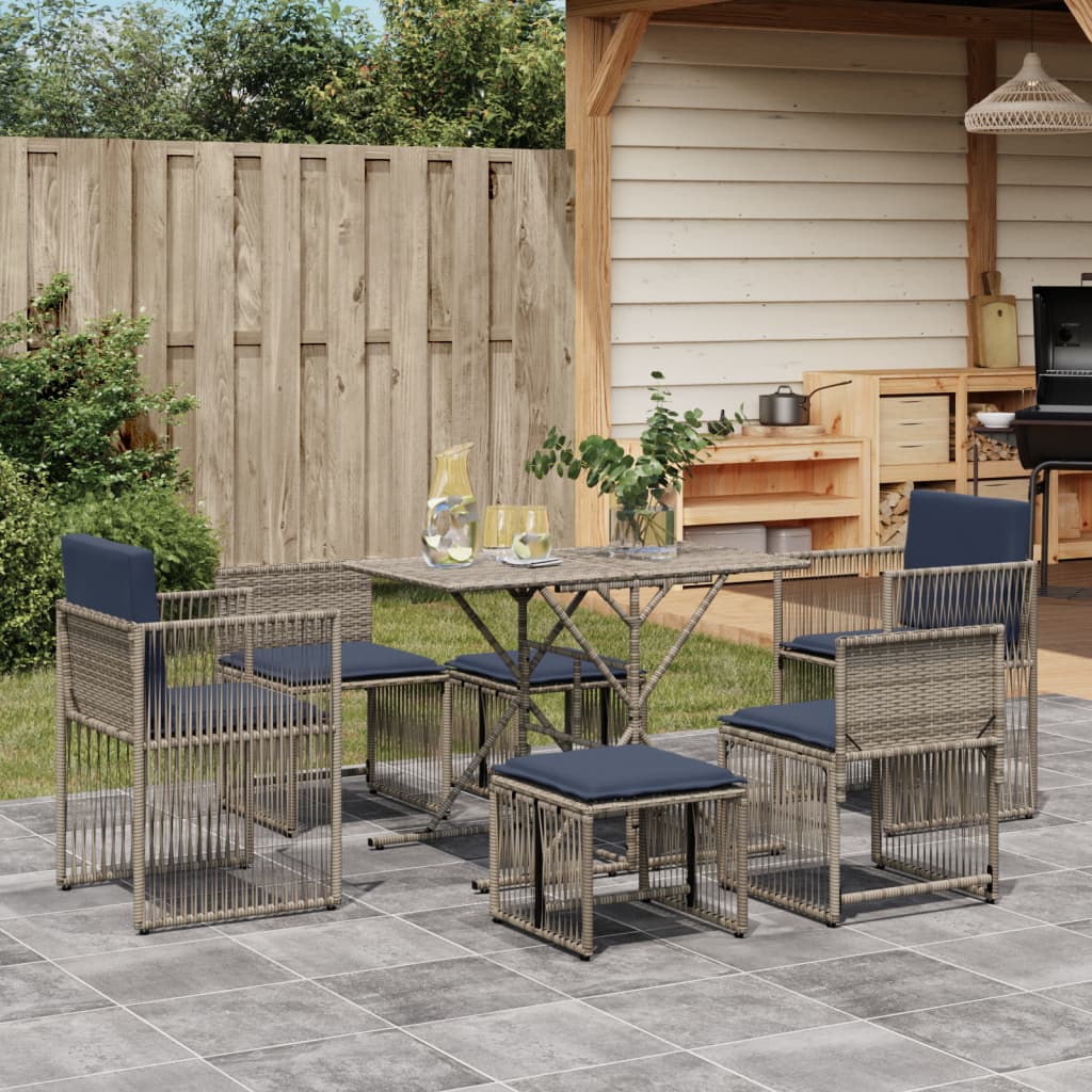Conjunto de jantar para jardim com 7 peças e almofadas em rattan sintético cinza