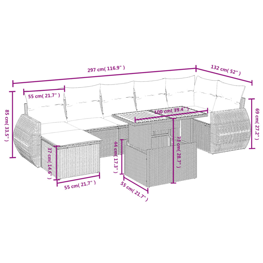 8 Pcs conjunto de sofás p/ jardim com almofadões vime PE bege