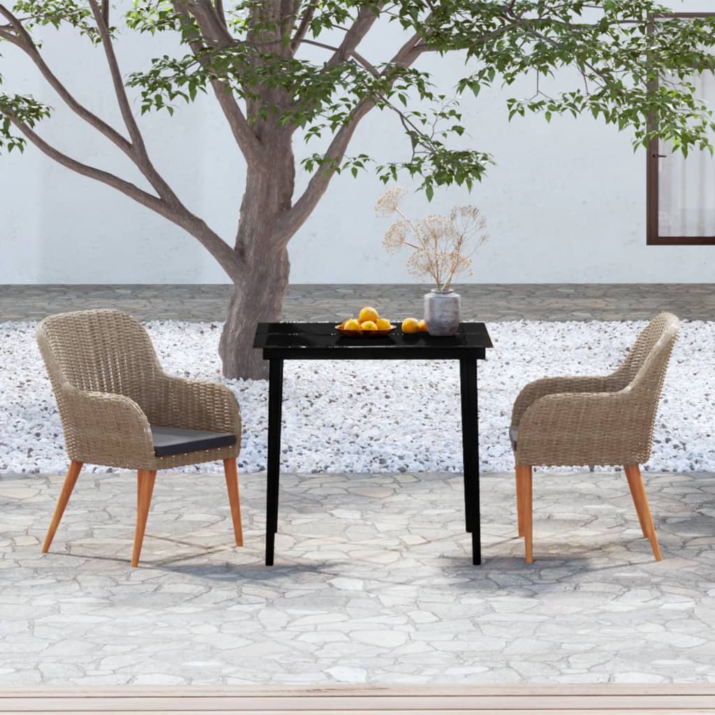 3 Pcs conjunto de jantar para jardim com almofadões castanho