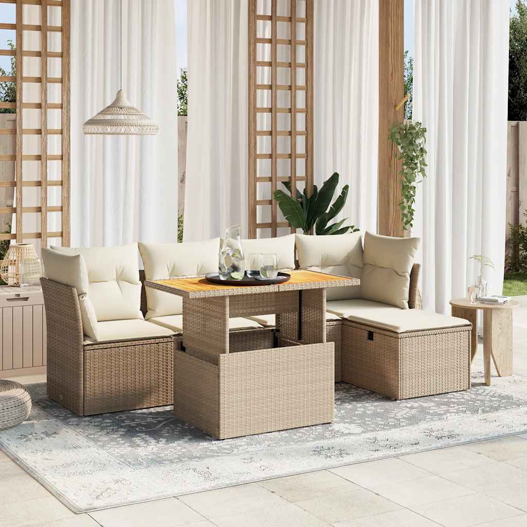 6 Pcs conjunto de sofás p/ jardim com almofadões vime PE bege