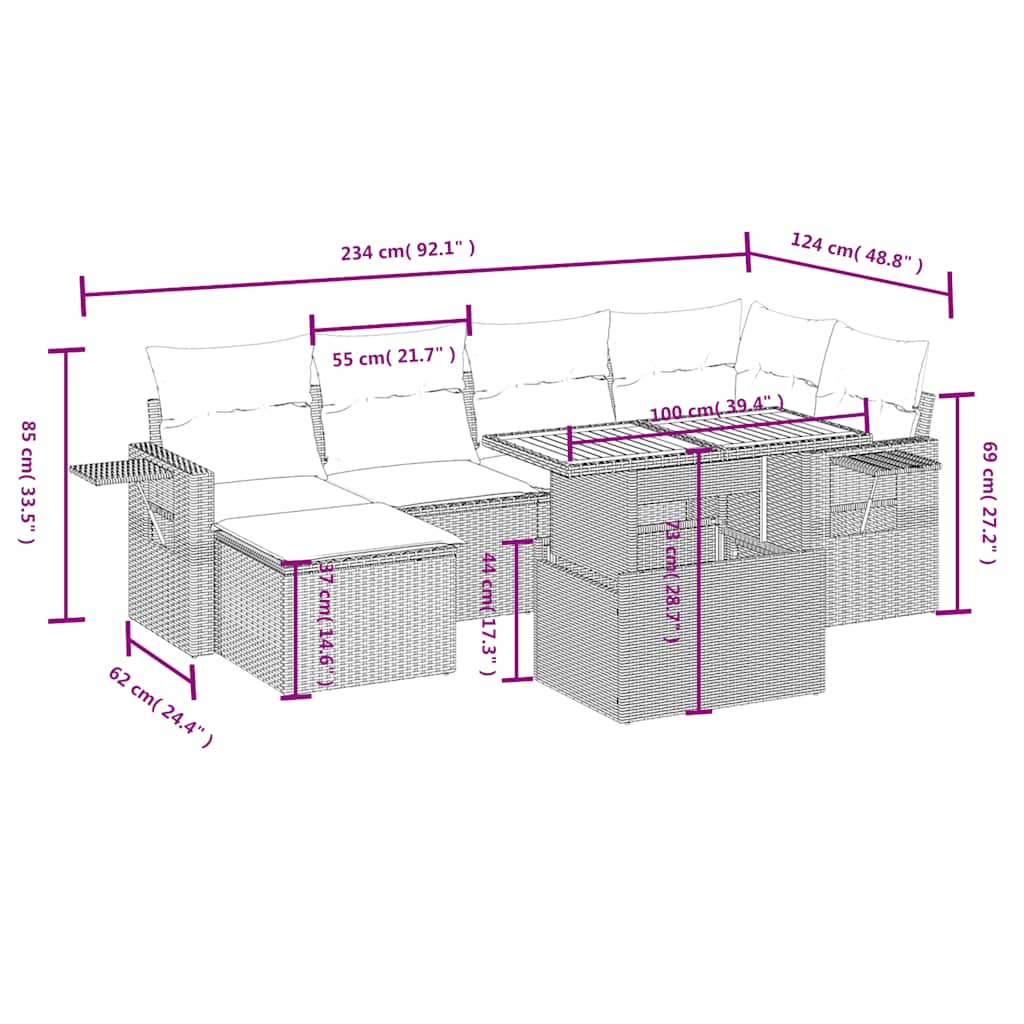 7 Pcs conjunto de sofás p/ jardim c/ almofadões vime PE preto