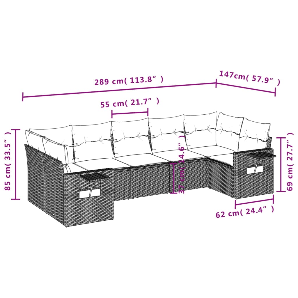 7 Pcs conjunto de sofás p/ jardim c/ almofadões vime PE preto