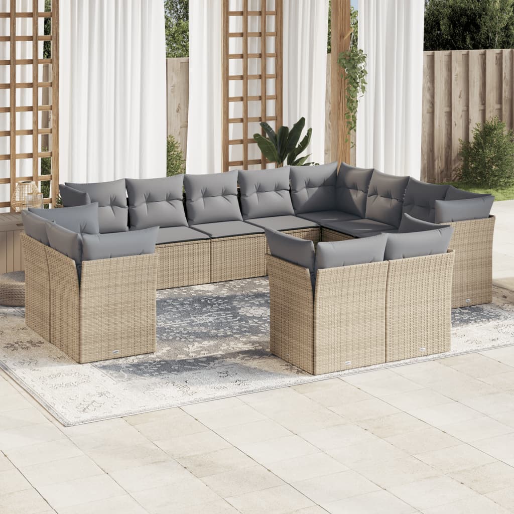 12 Pcs conjunto de sofás p/ jardim com almofadões vime PE bege