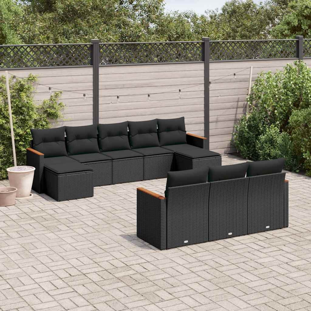 10 Pcs conjunto sofás de jardim c/ almofadões vime PE preto