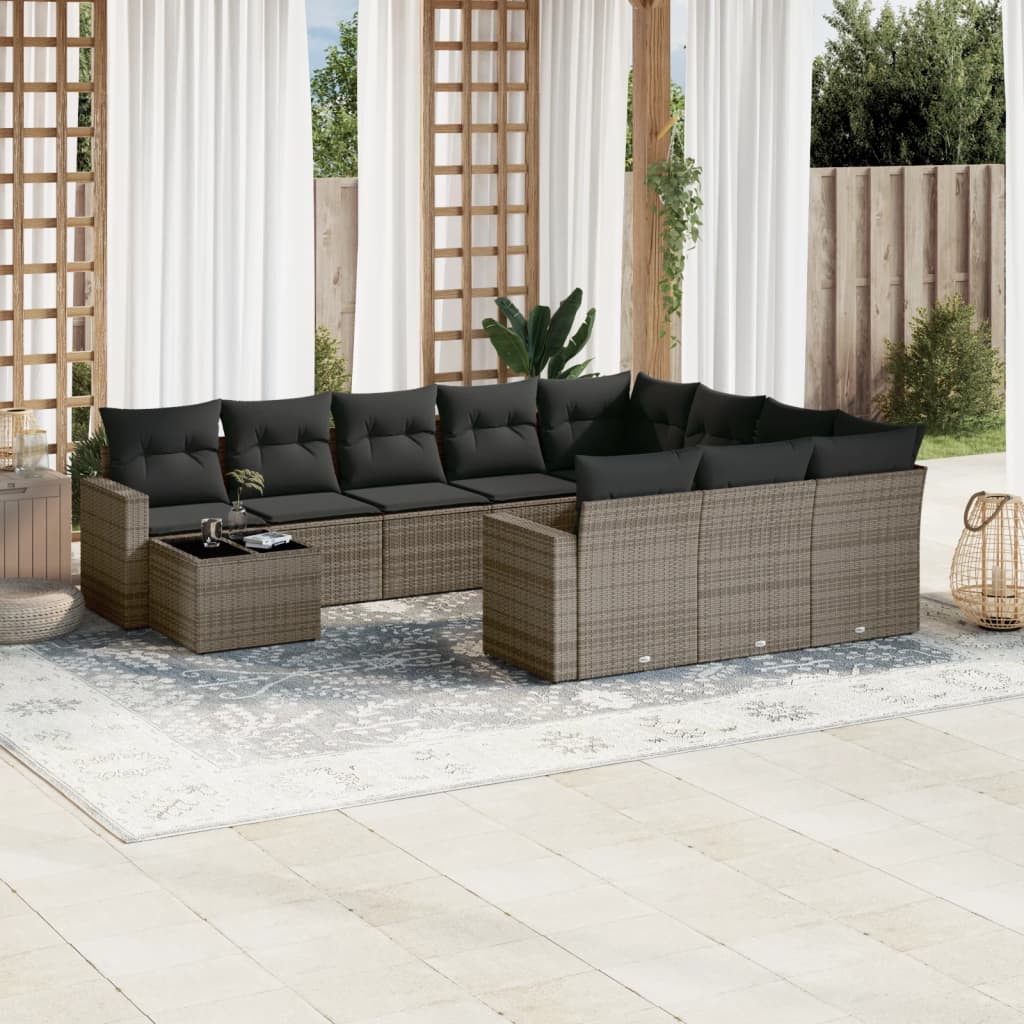 11 Pcs conjunto sofás de jardim c/ almofadões vime PE cinzento