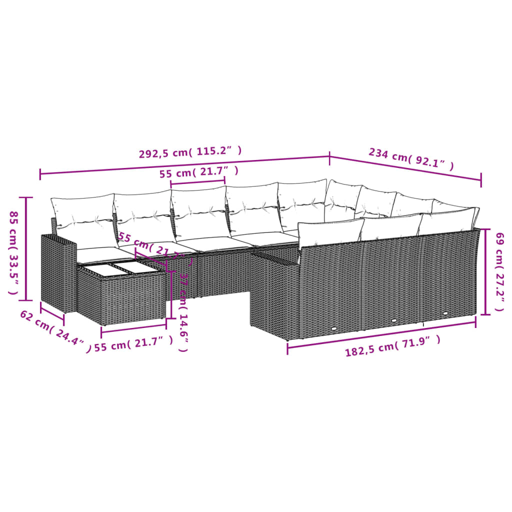 11 Pcs conjunto sofás de jardim c/ almofadões vime PE cinzento