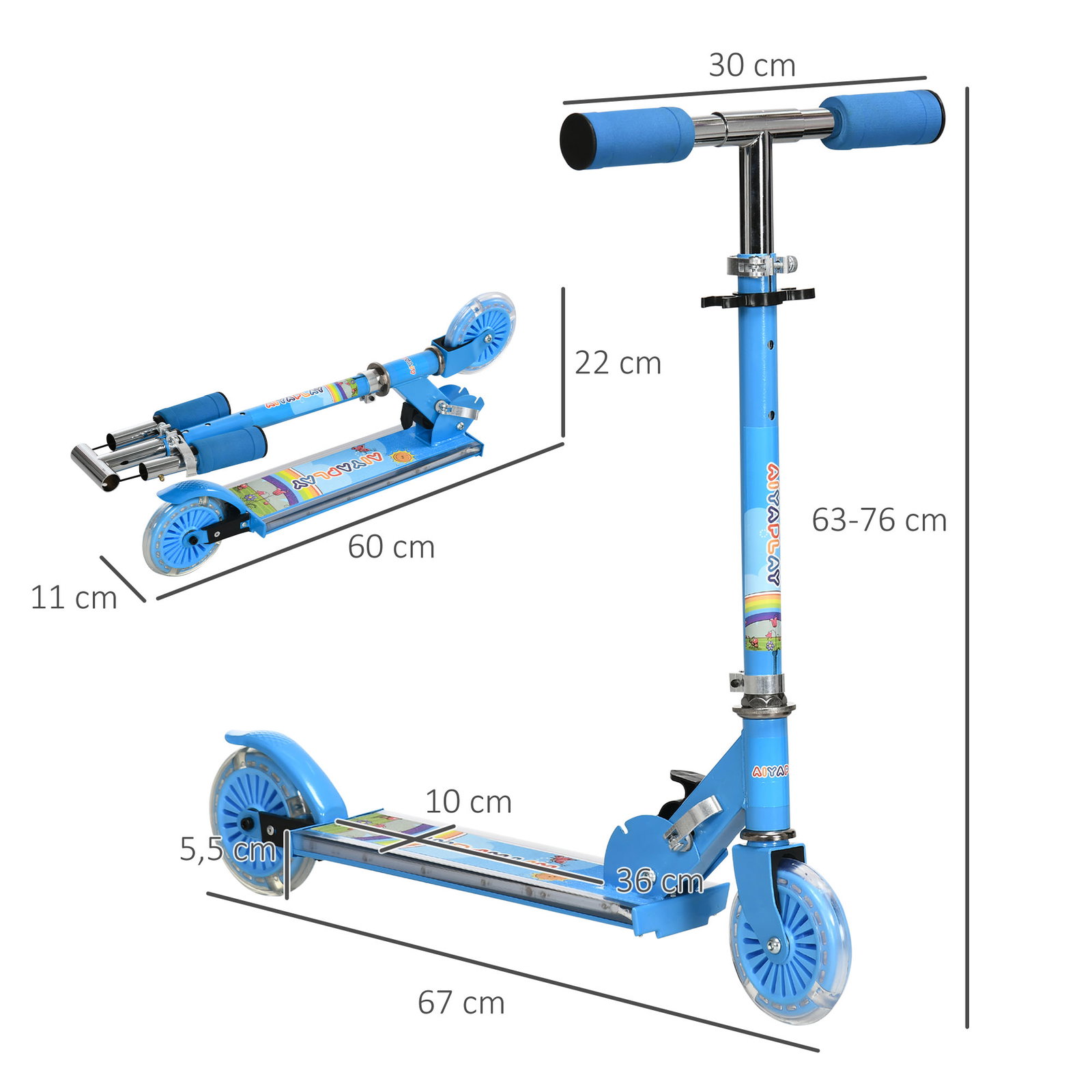 Trotinete para crianças dobrável com luzes e música 4 alturas ajustável rodas brilhantes e pedal LED 67x32x65-78 cm azul