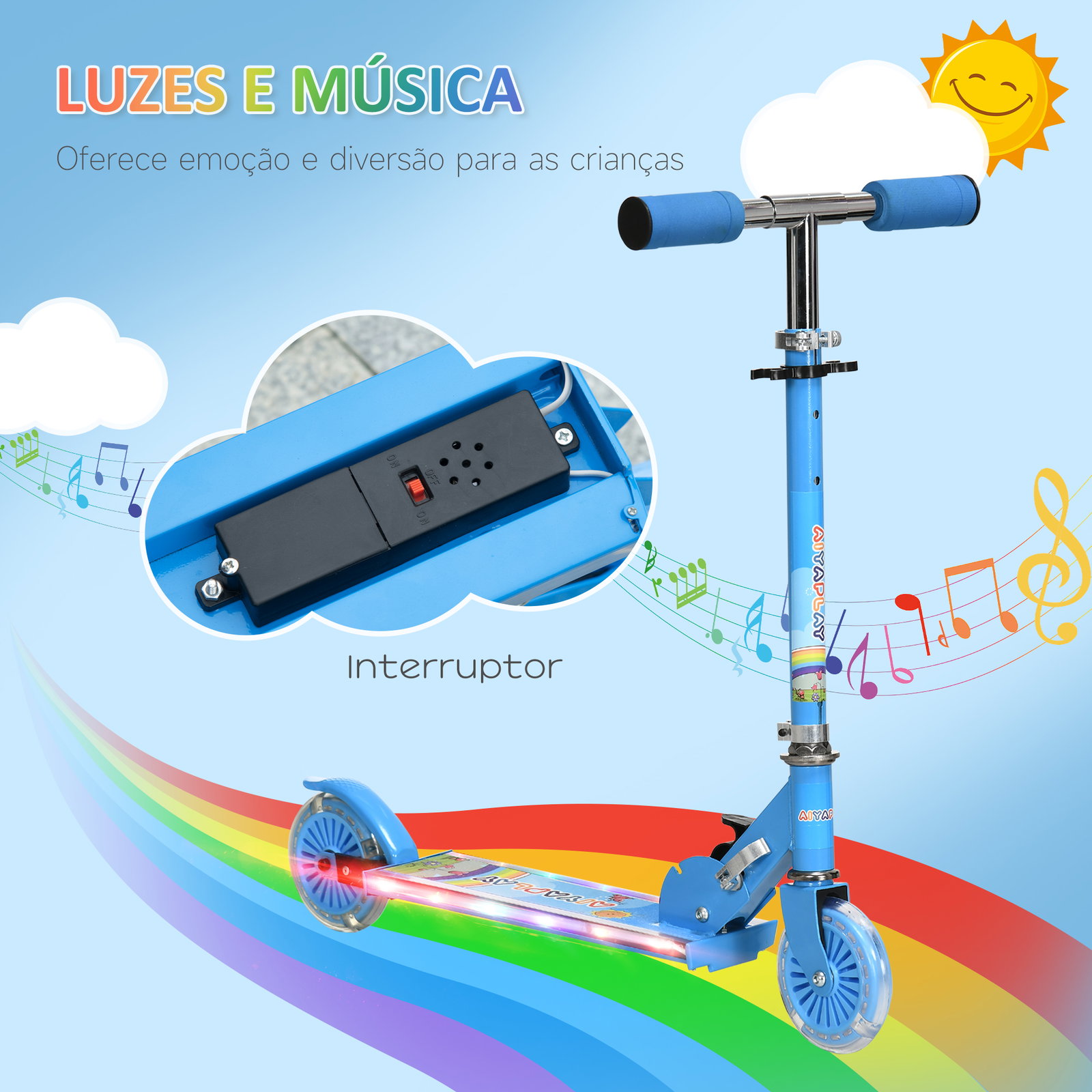 Trotinete para crianças dobrável com luzes e música 4 alturas ajustável rodas brilhantes e pedal LED 67x32x65-78 cm azul