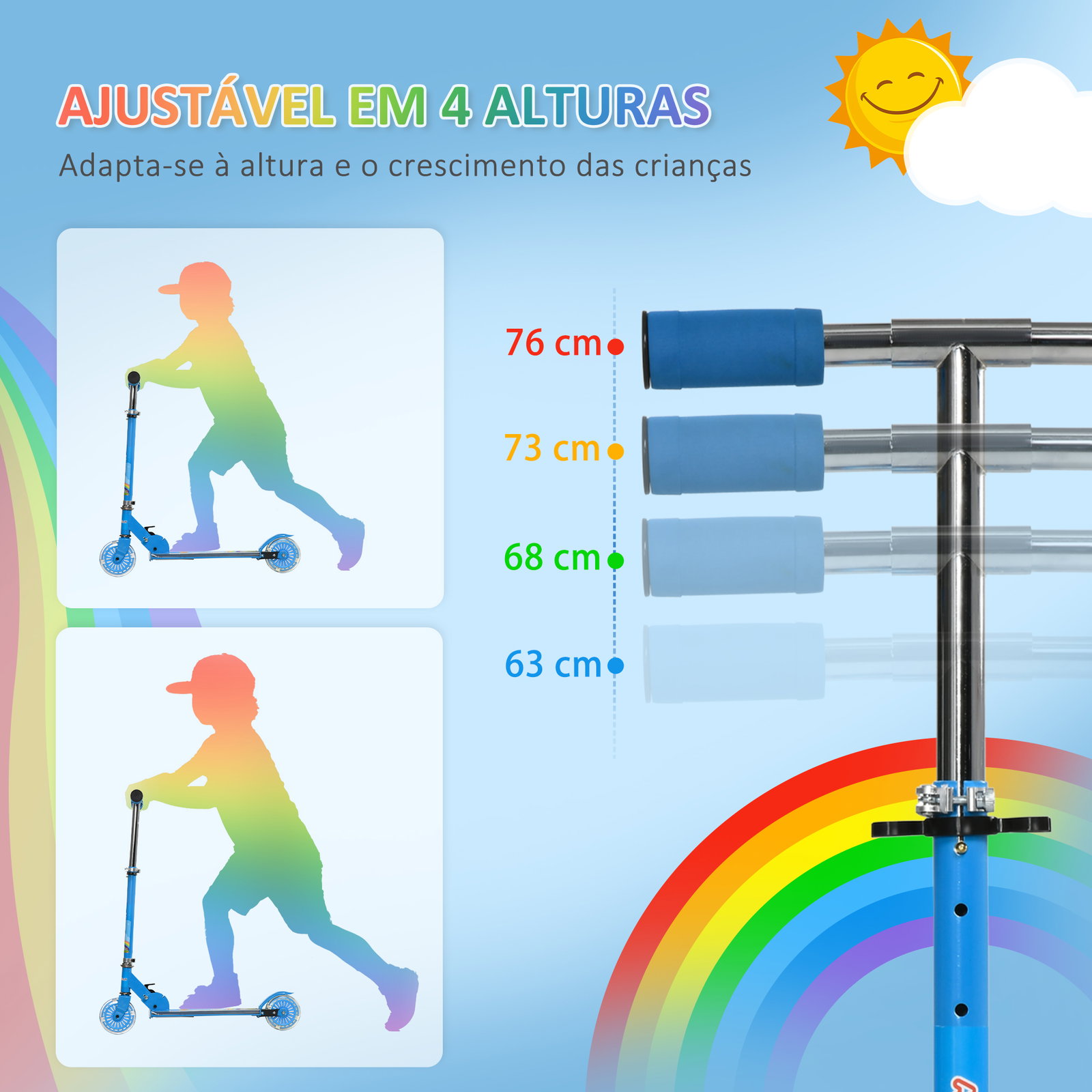Trotinete para crianças dobrável com luzes e música 4 alturas ajustável rodas brilhantes e pedal LED 67x32x65-78 cm azul
