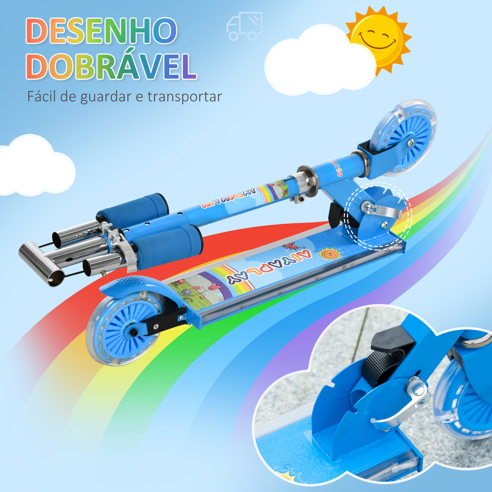 Trotinete para crianças dobrável com luzes e música 4 alturas ajustável rodas brilhantes e pedal LED 67x32x65-78 cm azul
