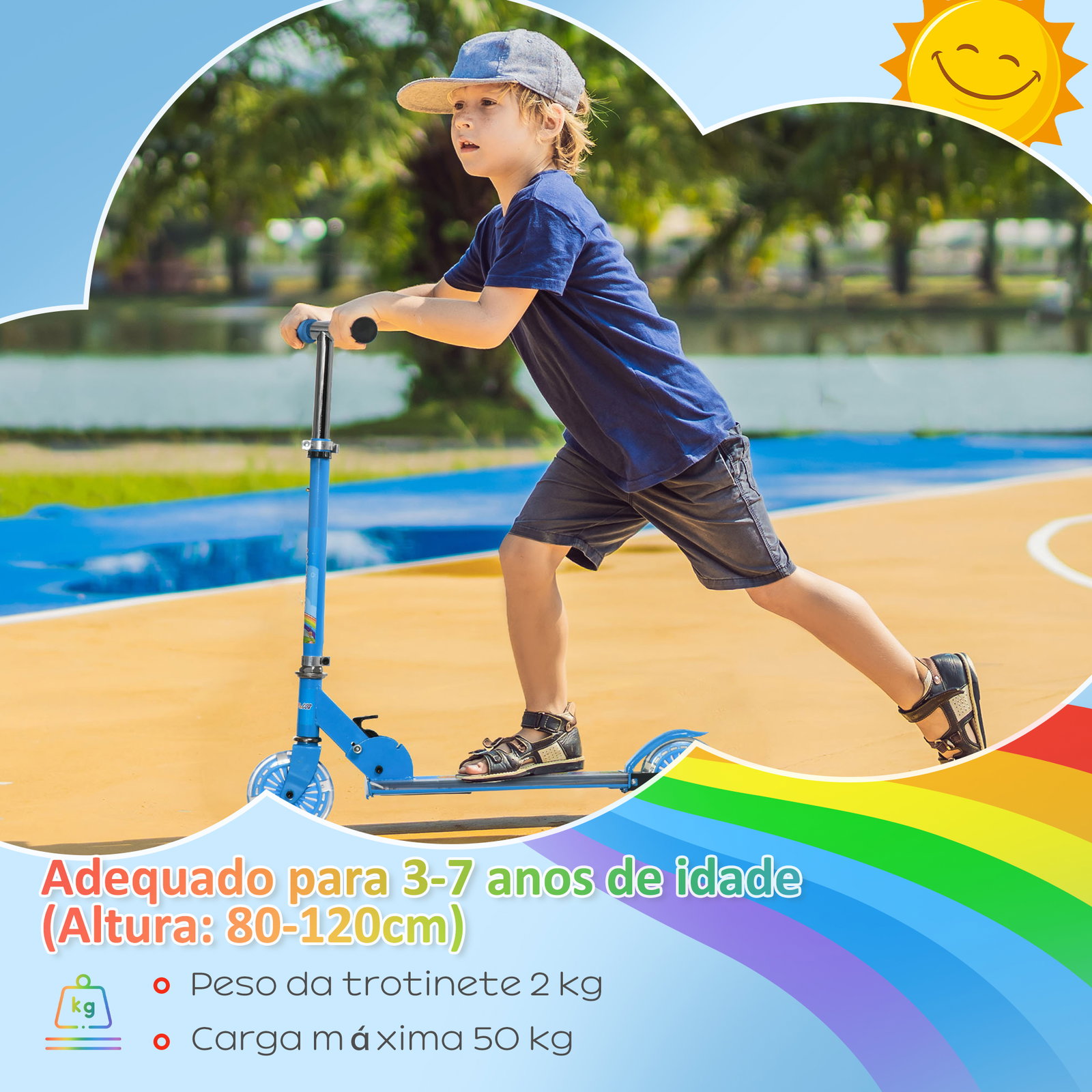 Trotinete para crianças dobrável com luzes e música 4 alturas ajustável rodas brilhantes e pedal LED 67x32x65-78 cm azul