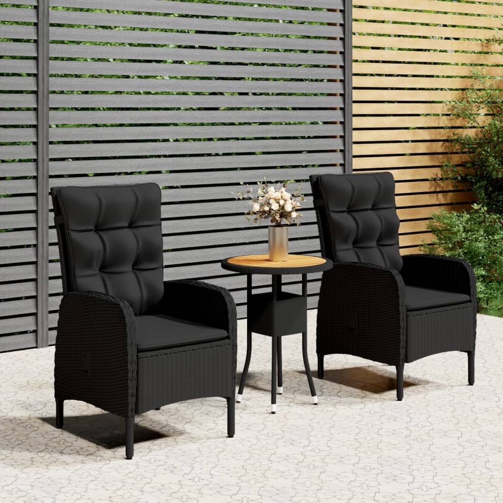3 Pcs conjunto de bistrô para jardim vime PE preto