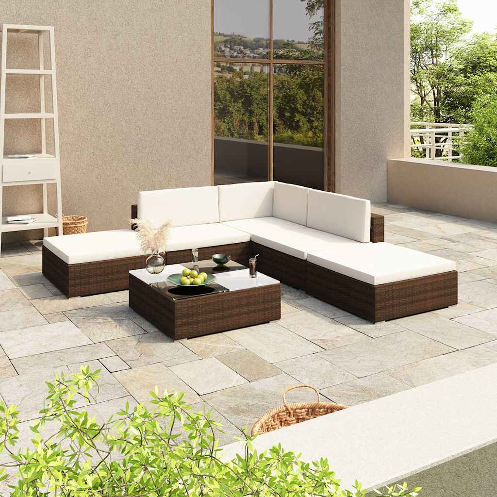 6 Pcs conjunto lounge jardim c/ almofadões vime PE castanho