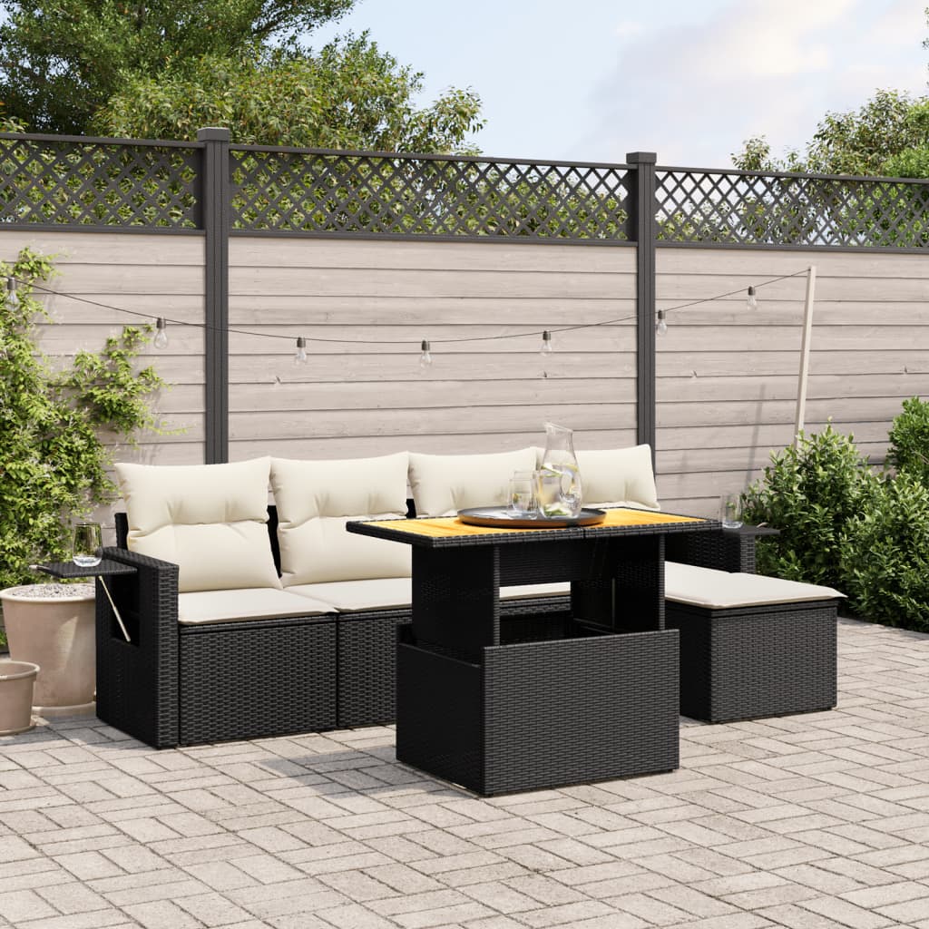 6 Pcs conjunto sofás de jardim c/ almofadões vime PE preto