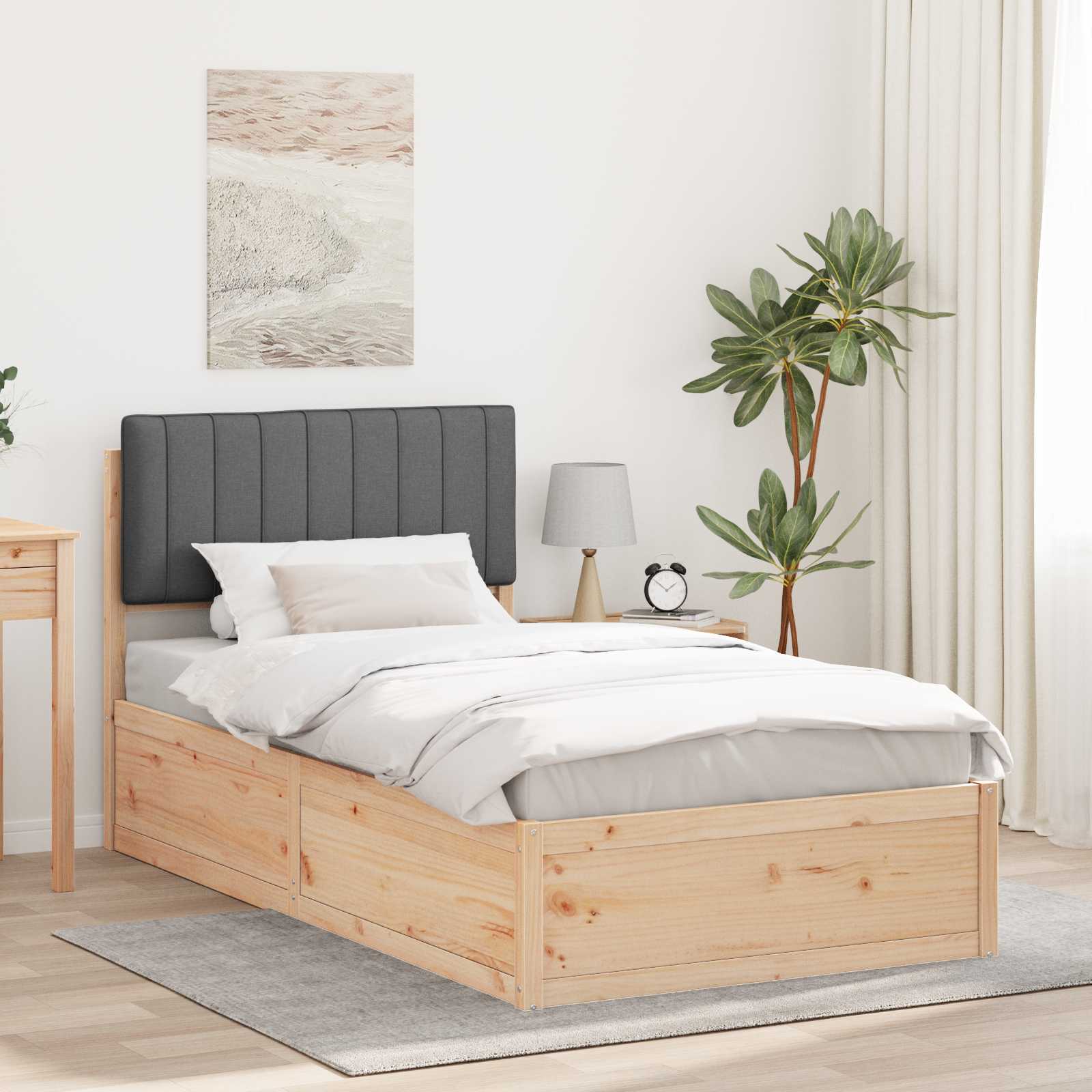 Estrutura de cama com cabeceira estofada cinza escuro