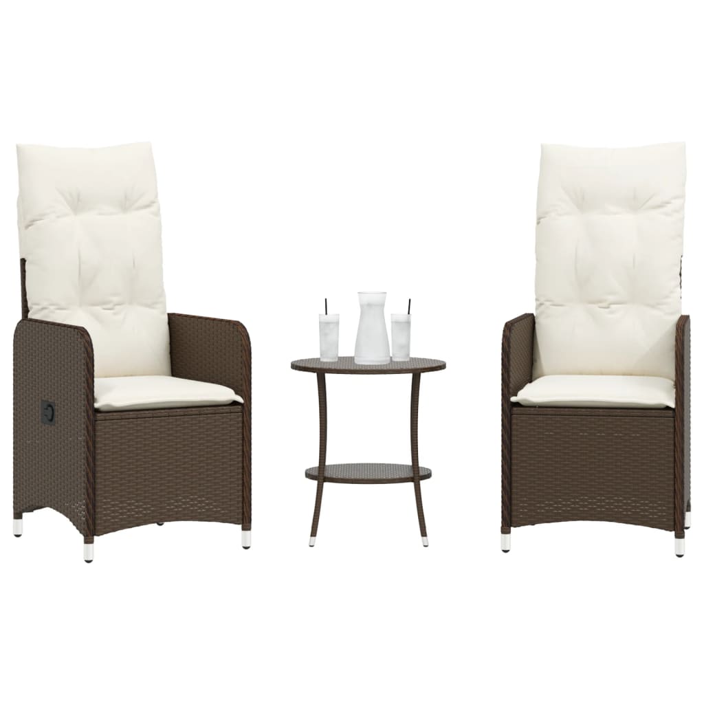 Cadeiras jardim reclináveis 2 pcs c/ mesa vime PE castanho