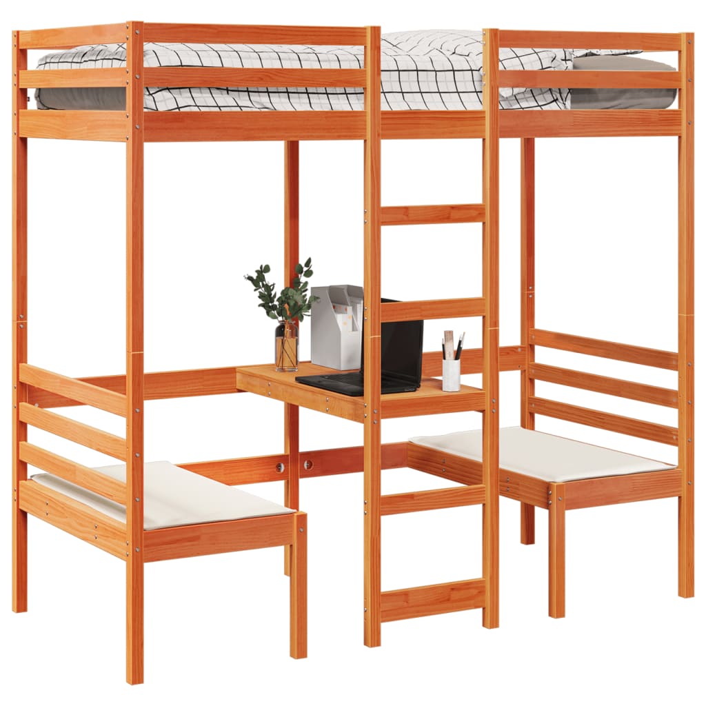 Cama alta c/ secretária/cadeiras 90x200 cm pinho castanho-mel