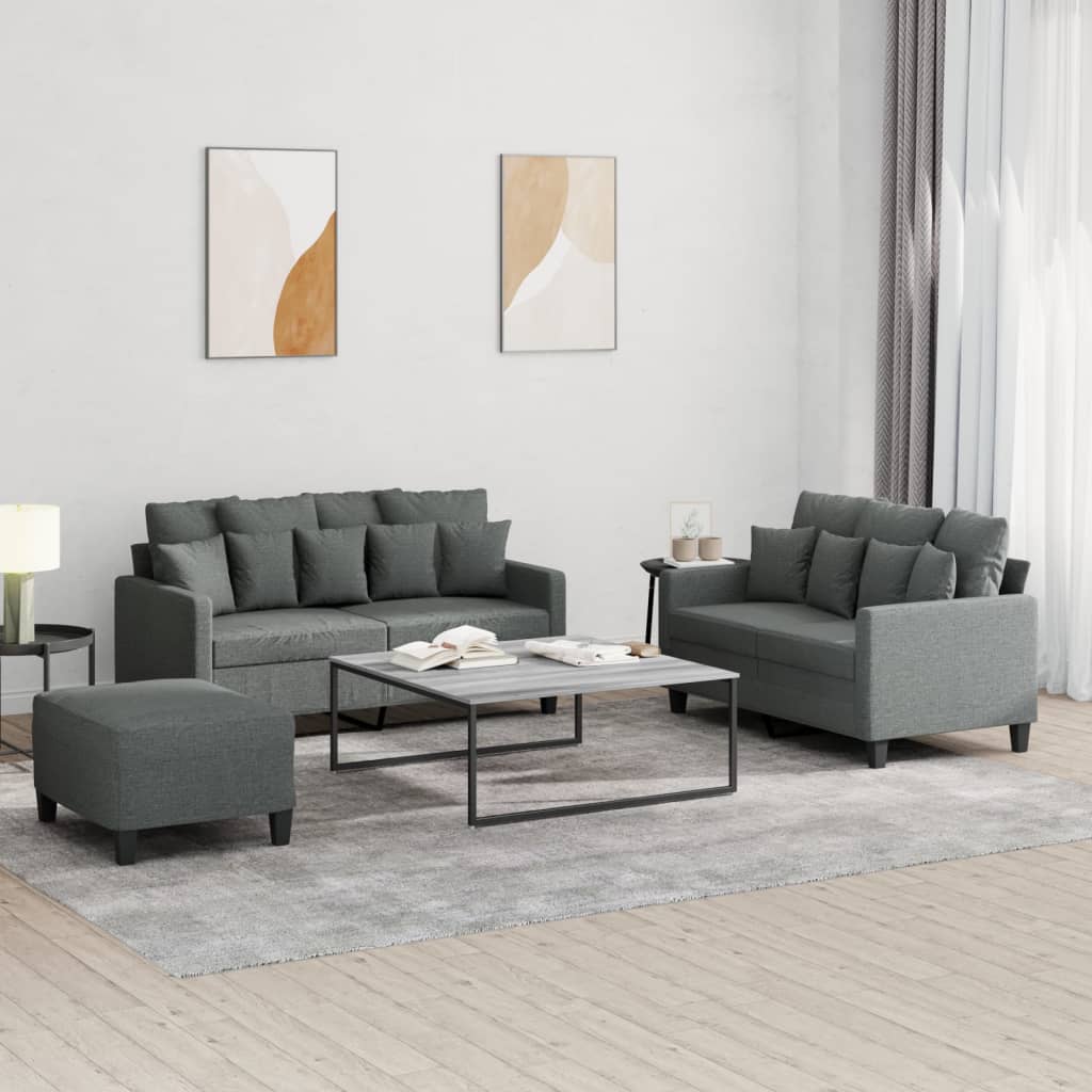 3 Pcs conjunto de sofás com almofadões tecido cinzento-escuro