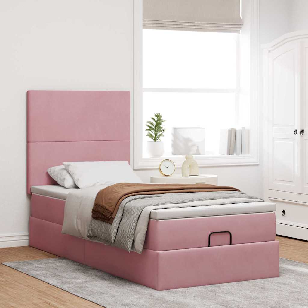 Moldura de cama otomana com colchões rosa 100x200cm veludo