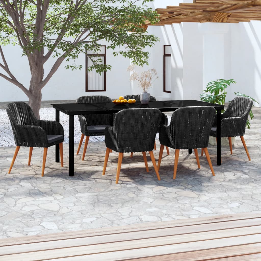 7 Pcs conjunto de jantar para jardim com almofadões preto