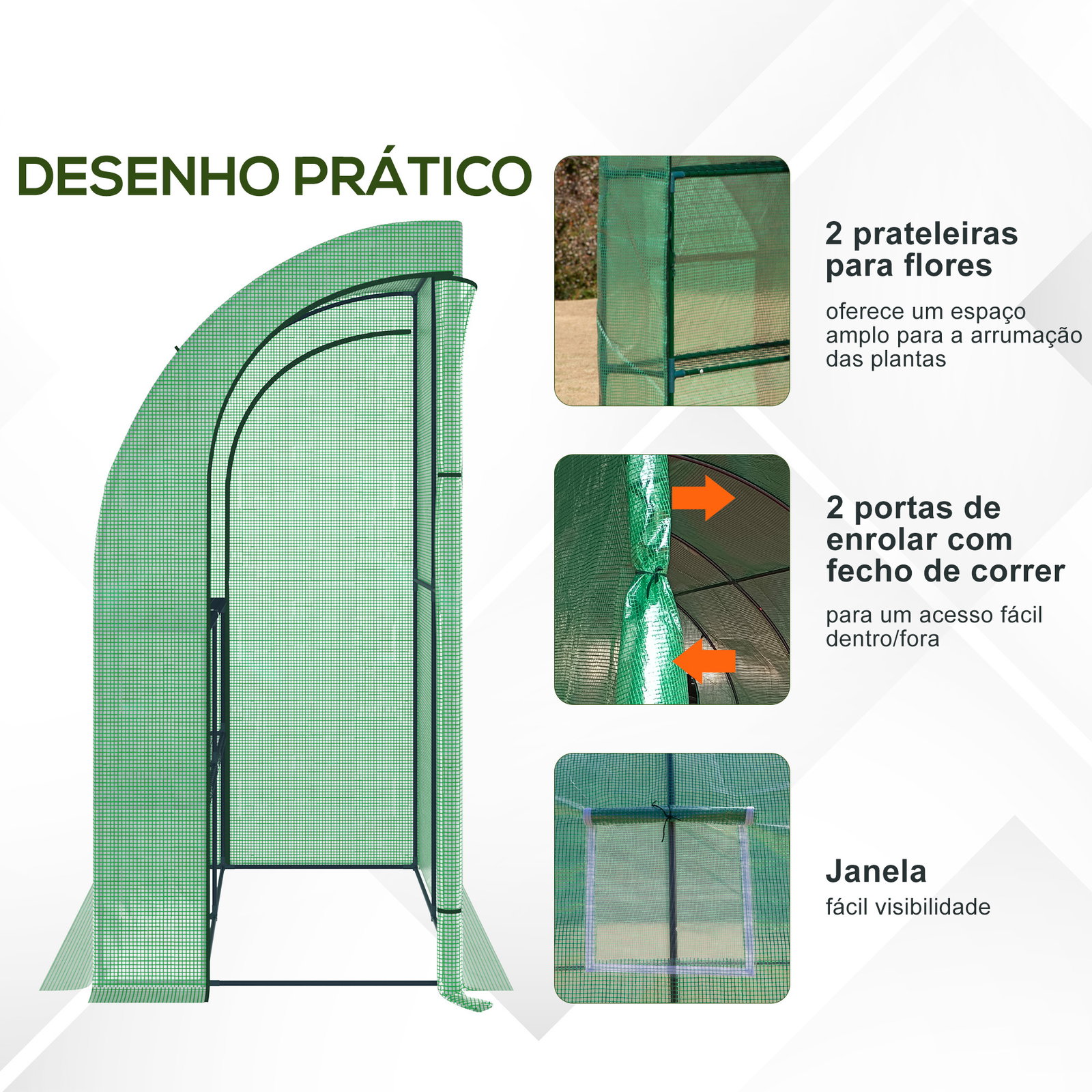 Estufa Pequena Estufa de Exterior com Janelas Prateleiras de 3 Níveis Estufa para Cultivo de Plantas Flores 200x100x215 cm Verde