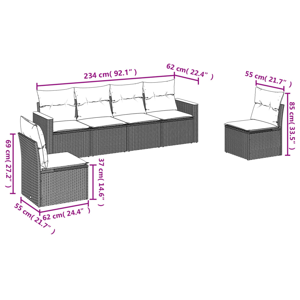 6 Pcs conjunto de sofás p/ jardim com almofadões vime PE bege