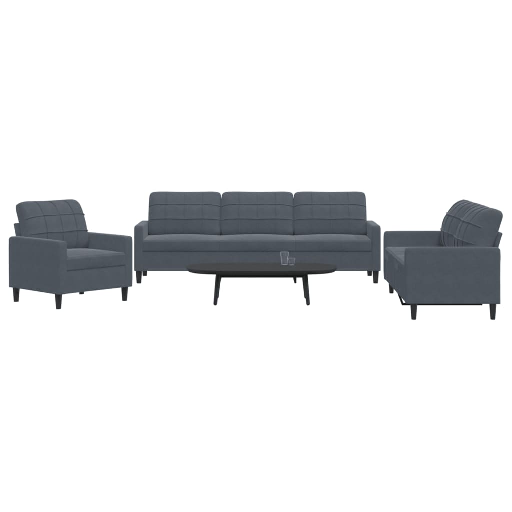 3 Pcs conjunto de sofás com almofadões veludo cinzento-escuro