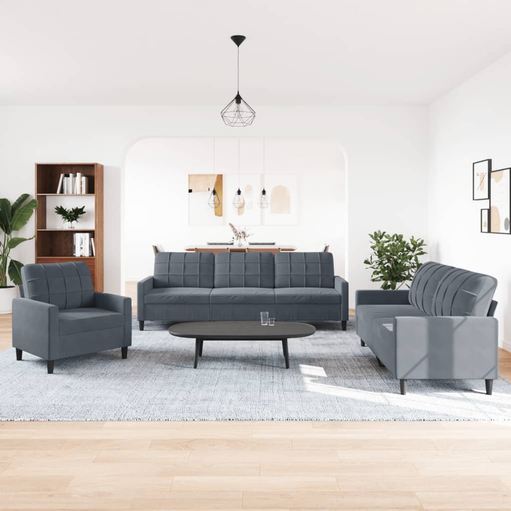 3 Pcs conjunto de sofás com almofadões veludo cinzento-escuro