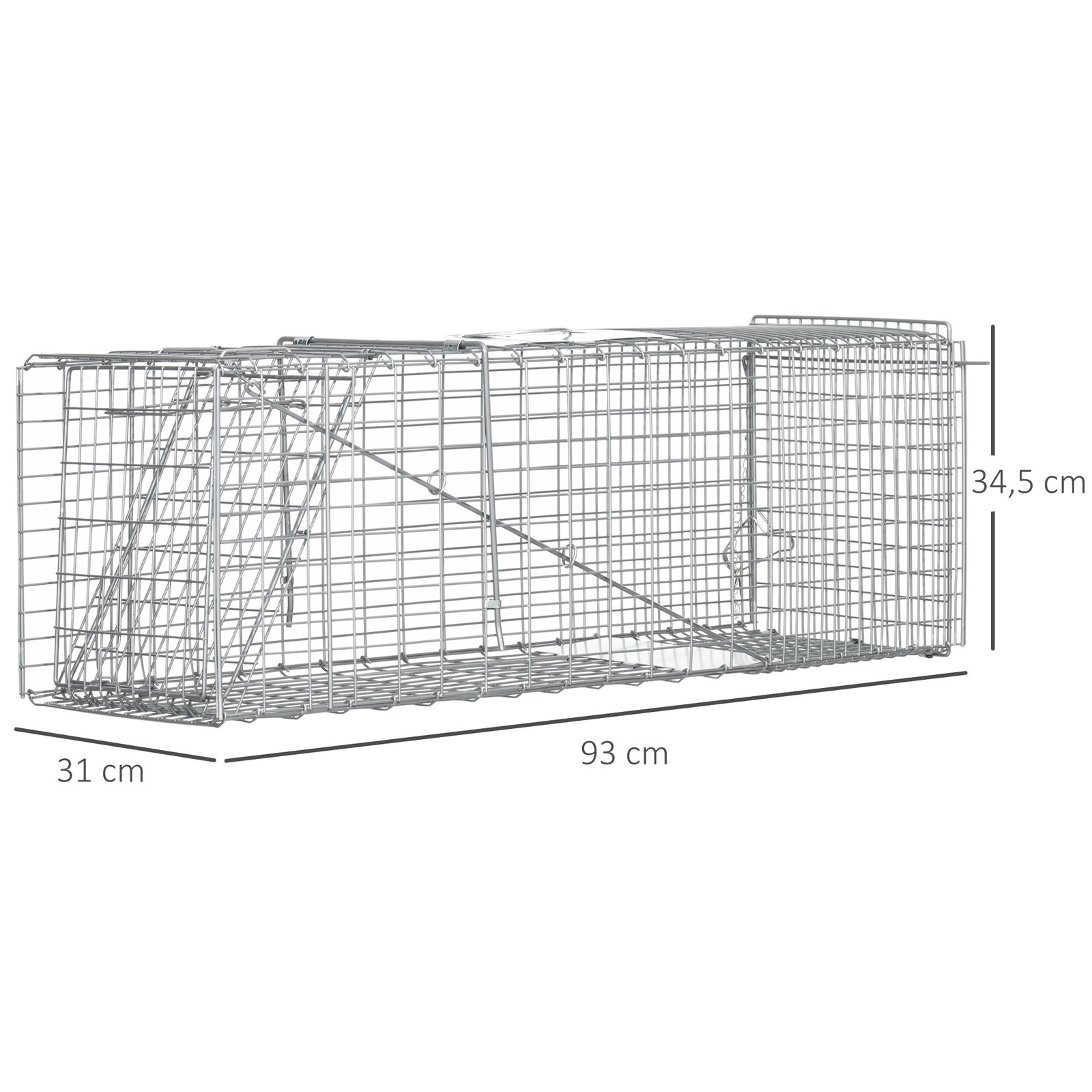 Armadilha para animais vivos dobrável 93x31x34,5 cm gaiola de captura com porta e alça para coelhos roedores prata