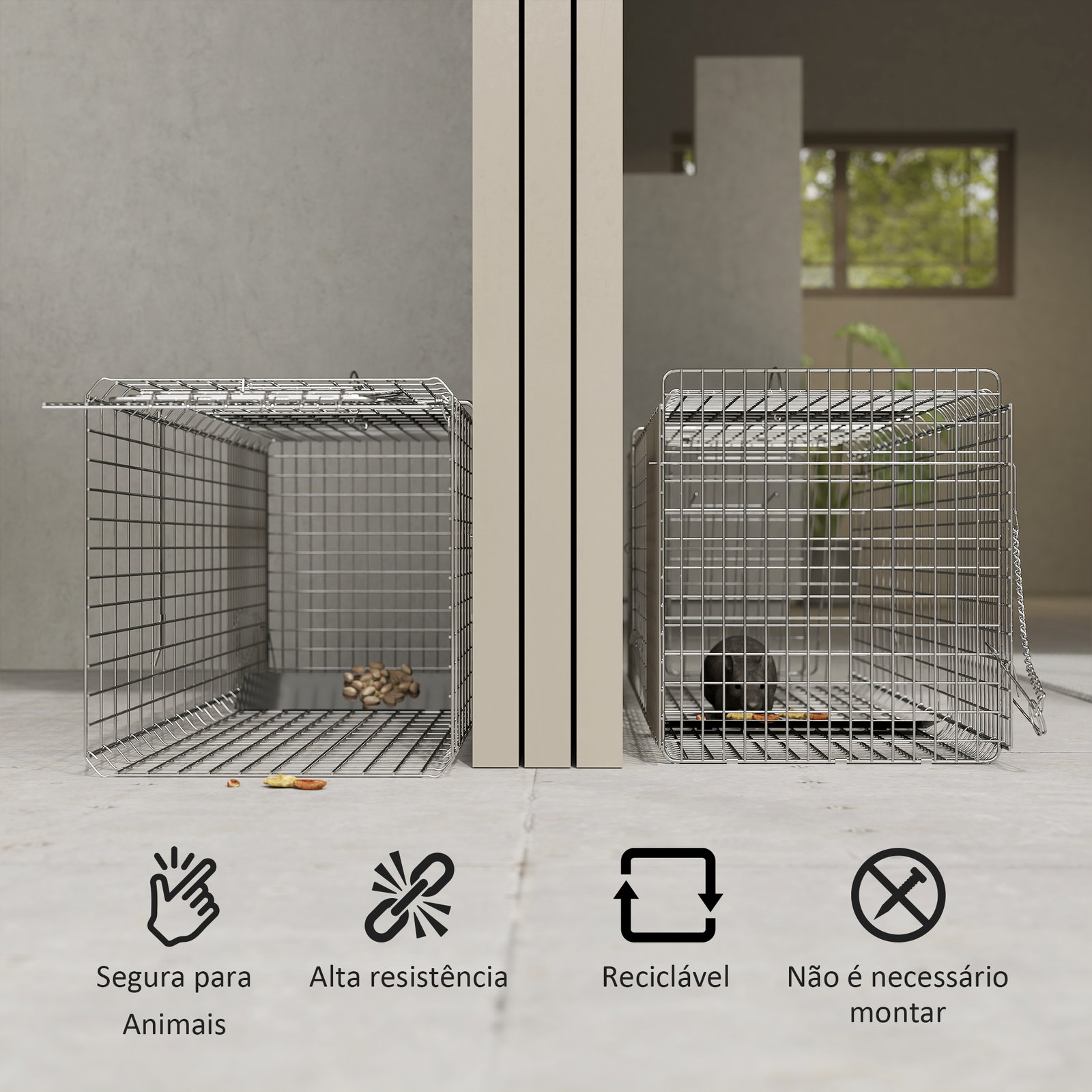 Armadilha para animais vivos dobrável 93x31x34,5 cm gaiola de captura com porta e alça para coelhos roedores prata