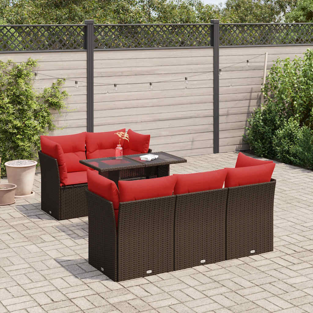 6 Pcs conj. sofás jardim c/ almofadões vime PE/acácia castanho