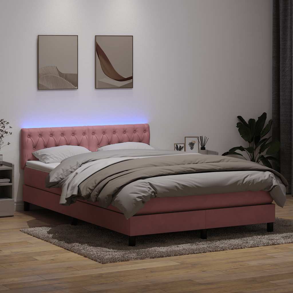 Cama box spring c/ colchão e LED 140x220 cm veludo rosa